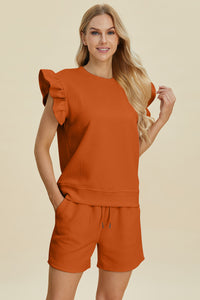 Double Take Texture Round Neck Ruffle Sleeve Top and Shorts Set