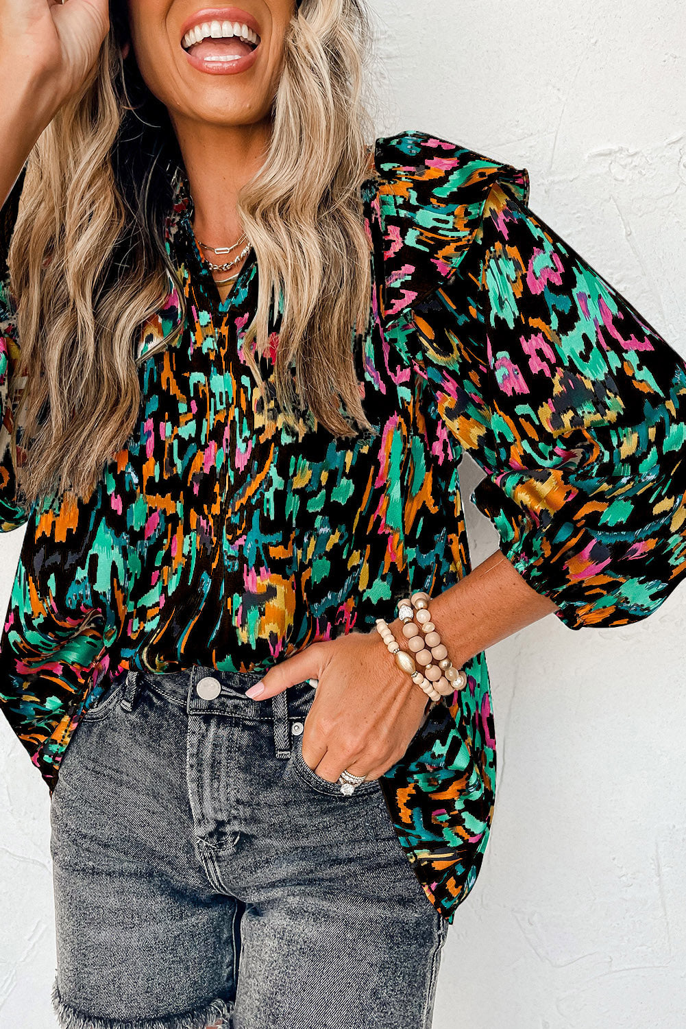 Multicolour Abstract Print 3/4 Puff Sleeve Ruffle Blouse