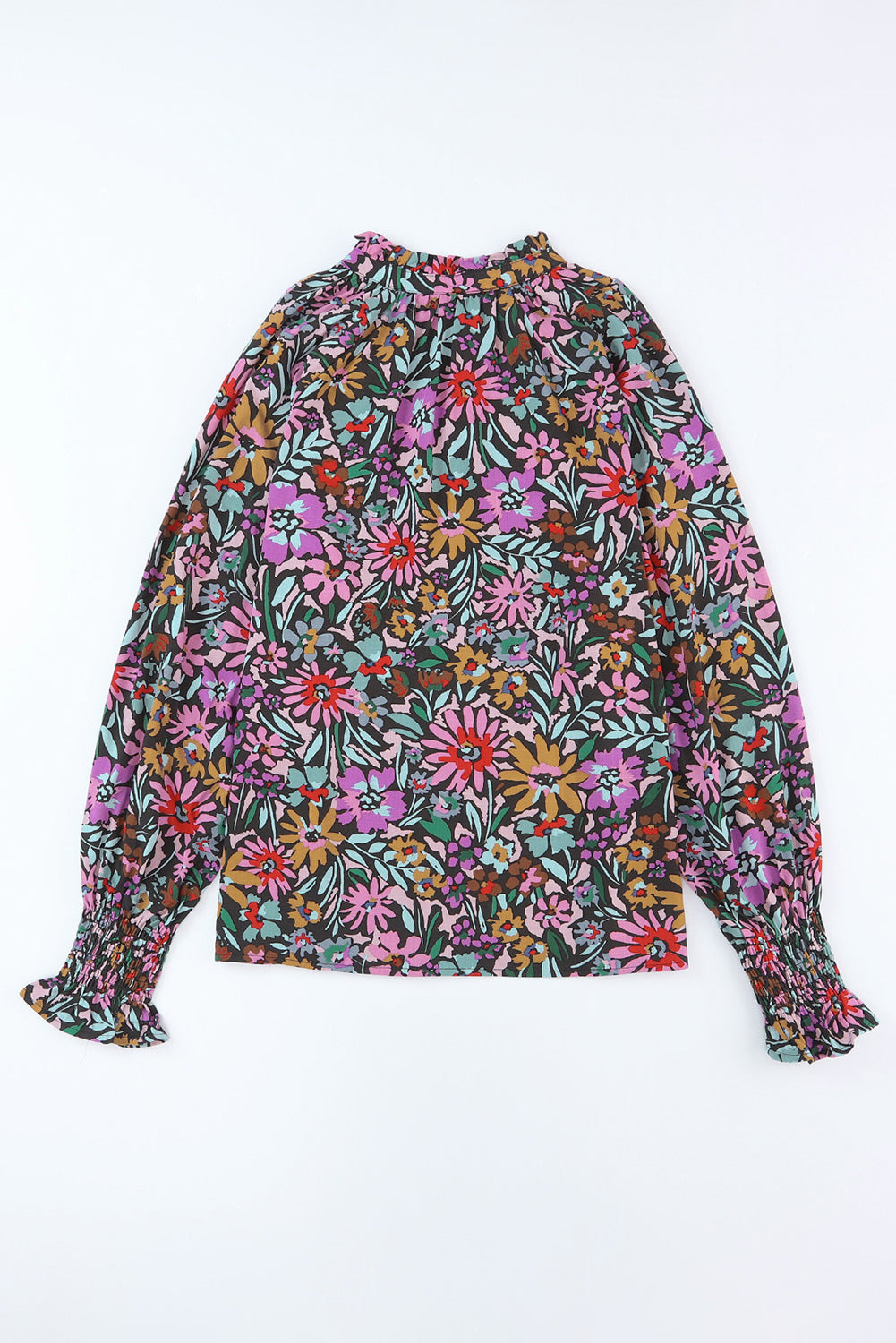Multicolour Plus Size Floral Smocked Cuffs V-Neck Blouse