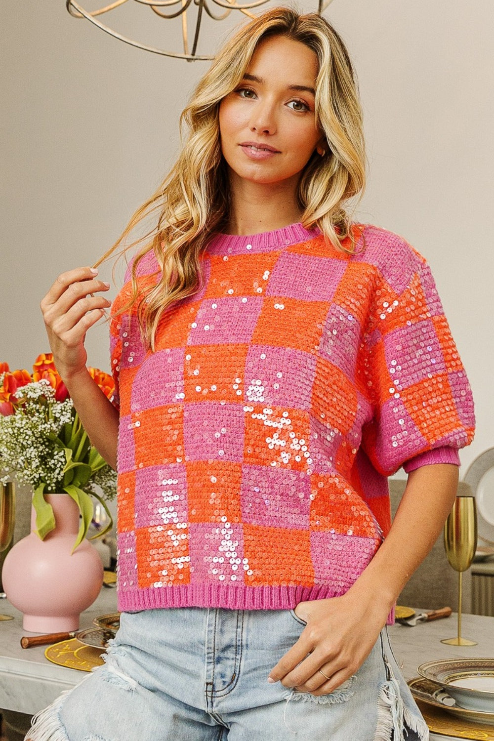 Checkered Short Sleeve Sequin Sweater