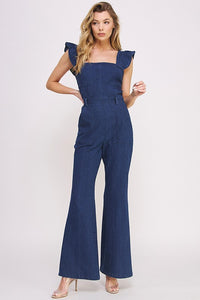 Denim  Ruffle Flare Leg Jumpsuit