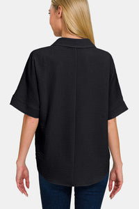 Black Texture Collared Neck Short Sleeve Top