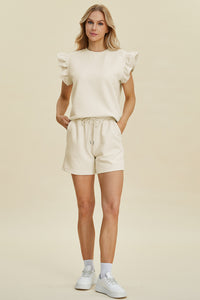 Double Take Texture Round Neck Ruffle Sleeve Top and Shorts Set