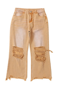 Brown Distressed Hollow-out High Waist Cropped Flare Jeans