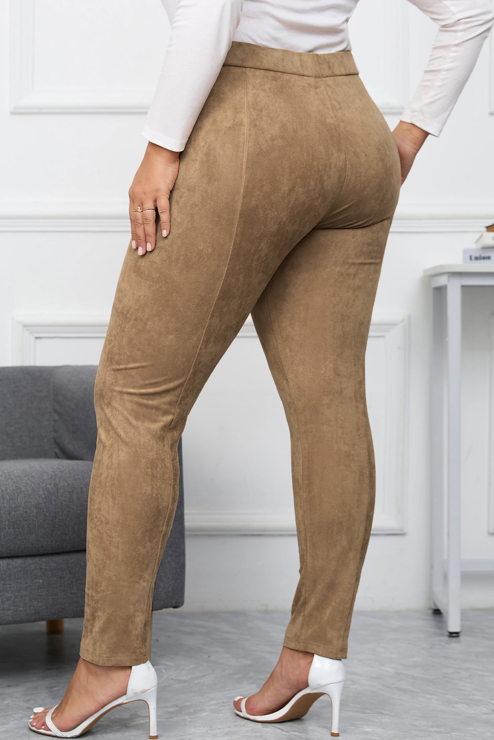 Camel High Rise Faux Suede Skinny Pants