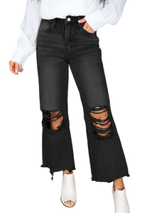 Black Distressed Hollow-out High Waist Cropped Flare Jeans