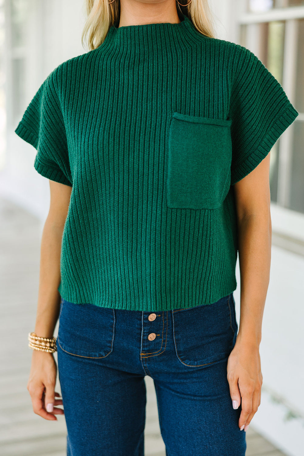Green Patch Pocket Ribbed Knit Short Sleeve Sweater