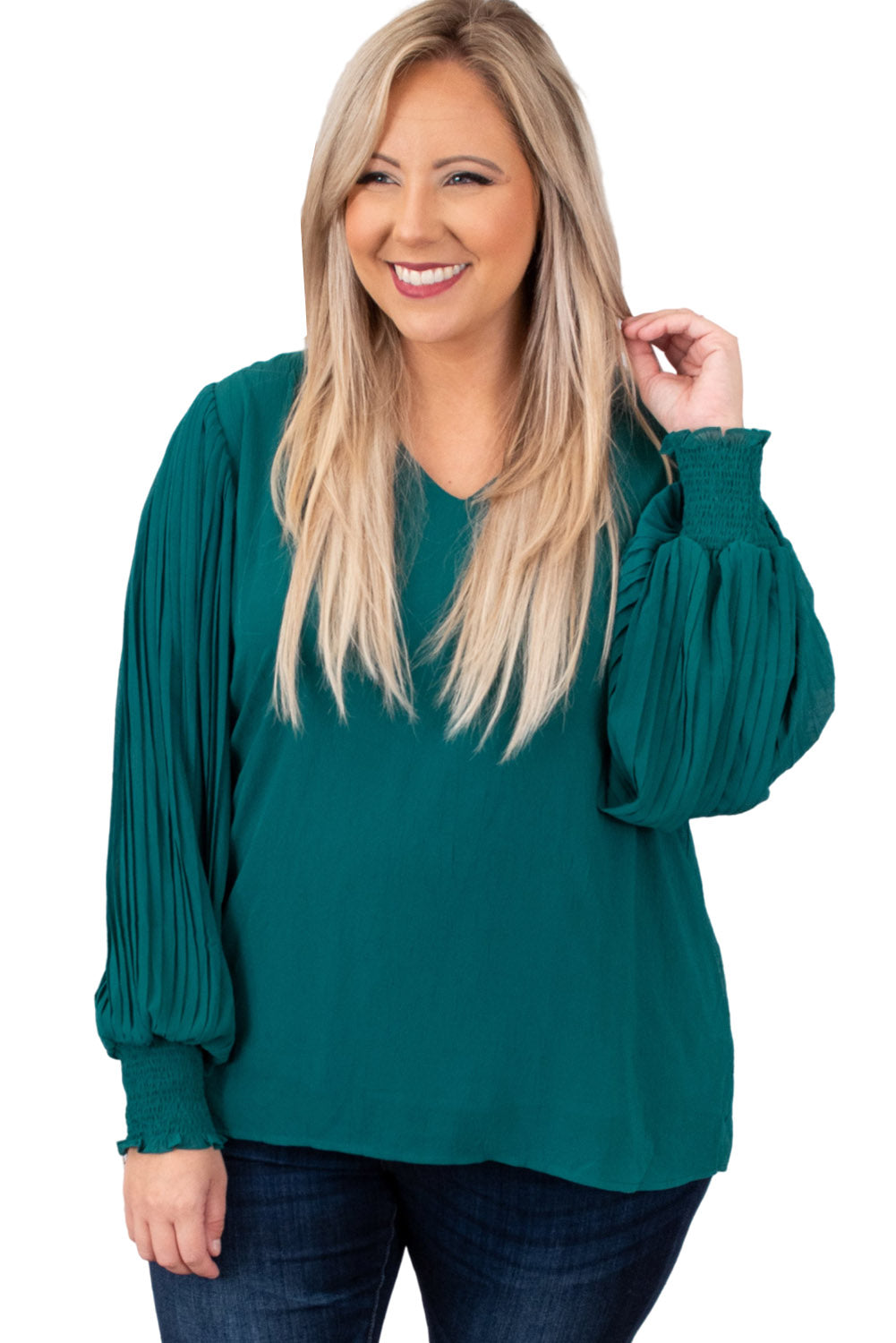 Green Pleated Bubble Sleeve Blouse