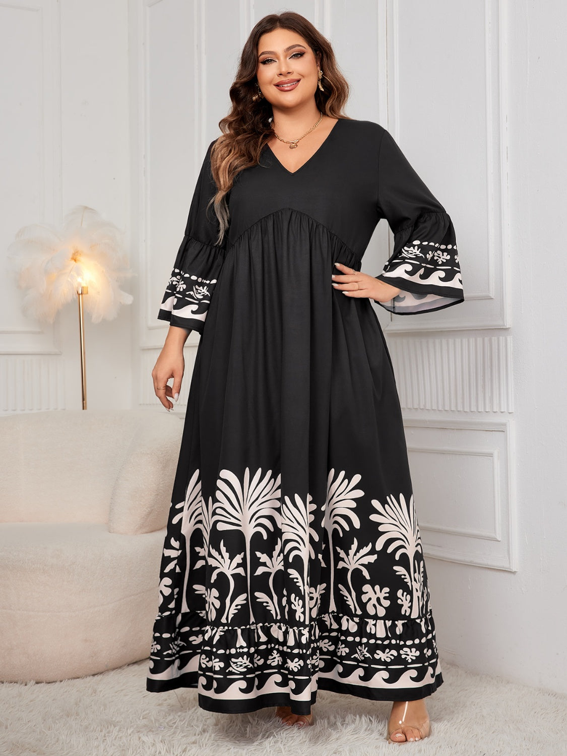 Maxi Dress Printed V-Neck Long Sleeve