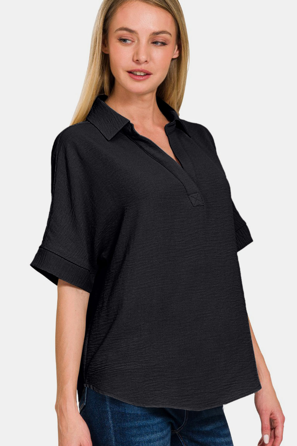 Black Texture Collared Neck Short Sleeve Top