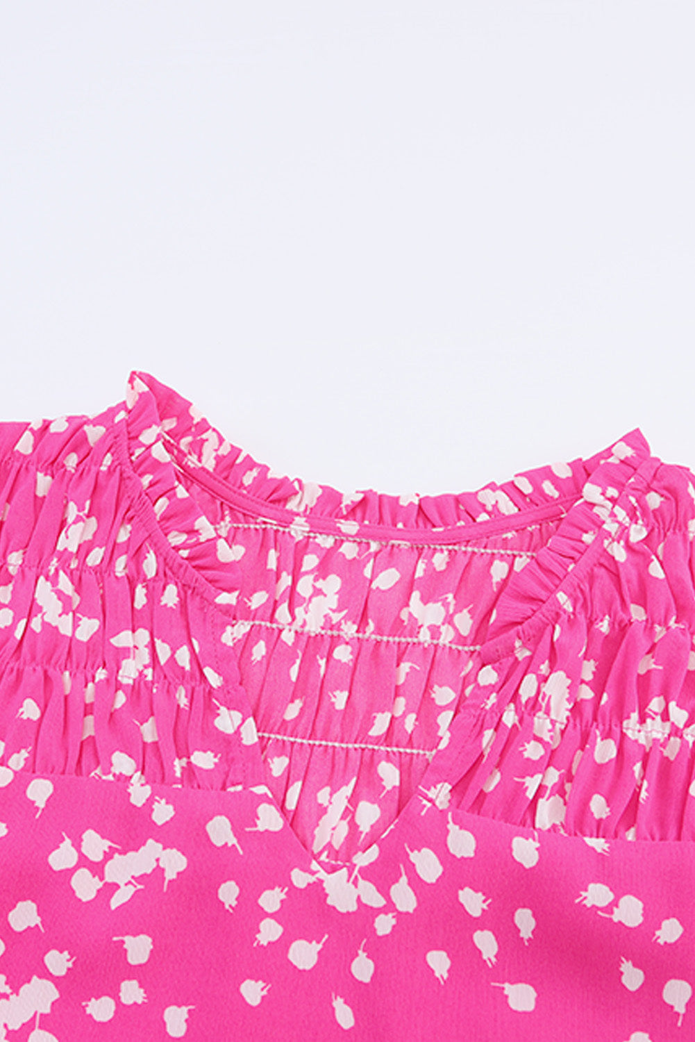 Bright Pink Floral Print Ruched Split Neck Blouse