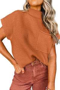 Gold Flame Patch Pocket Ribbed Knit Short Sleeve Sweater