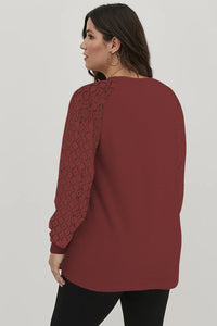 Strawberry Pink Plus Size Contrast Lace Sleeve Waffle Knit Top