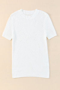 White Hollow-out Knitted Short Sleeve T Shirt