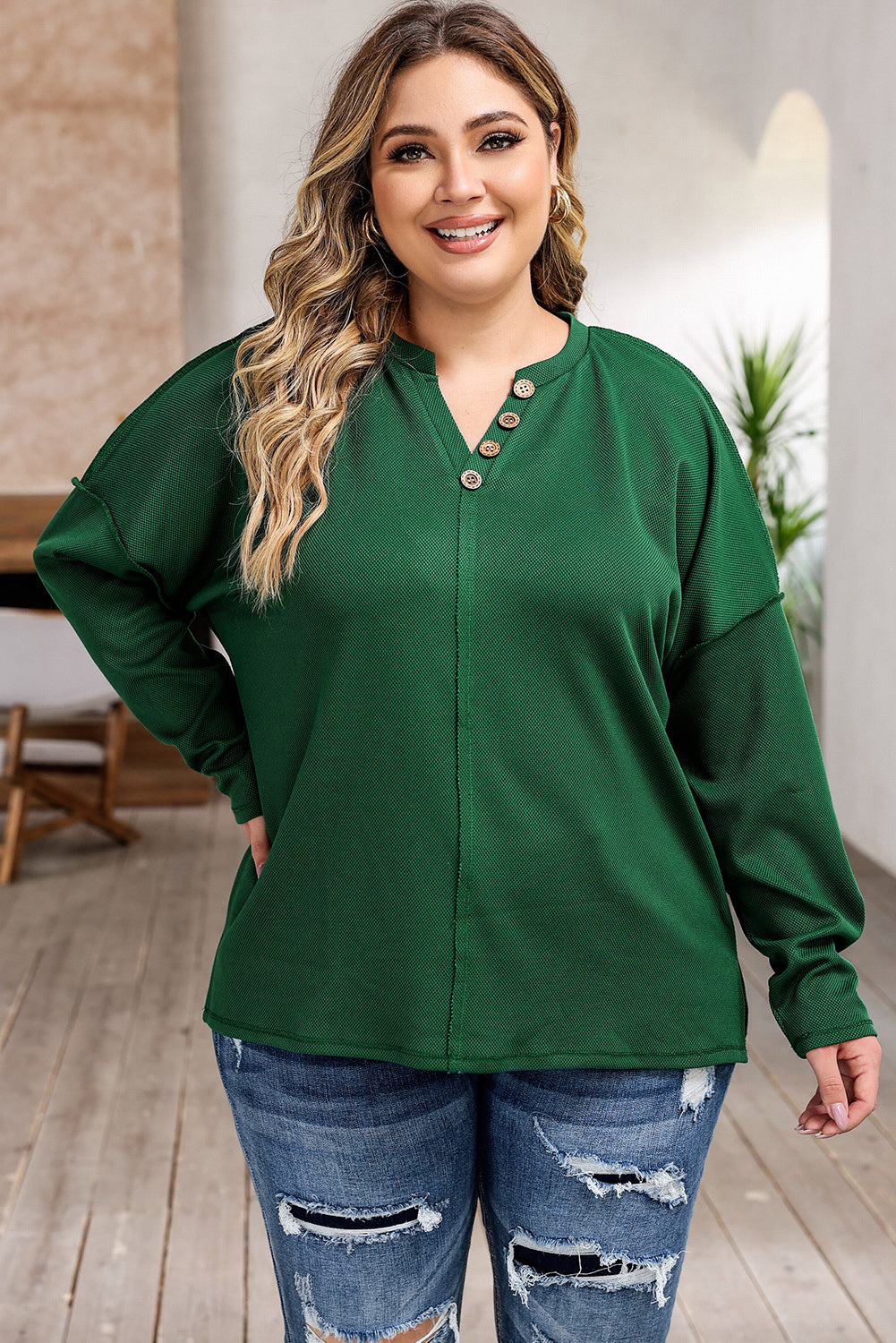 Green Exposed Seam Henley Buttoned Long Sleeve Top