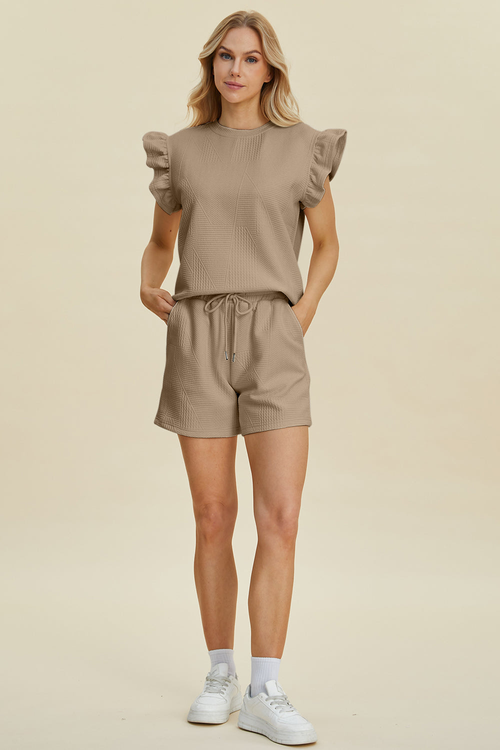 Double Take Texture Round Neck Ruffle Sleeve Top and Shorts Set