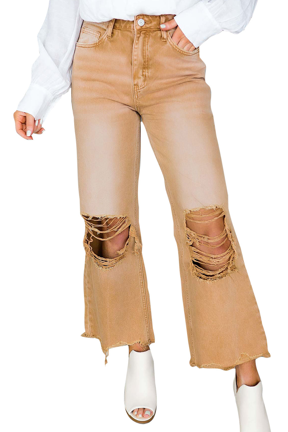 Brown Distressed Hollow-out High Waist Cropped Flare Jeans