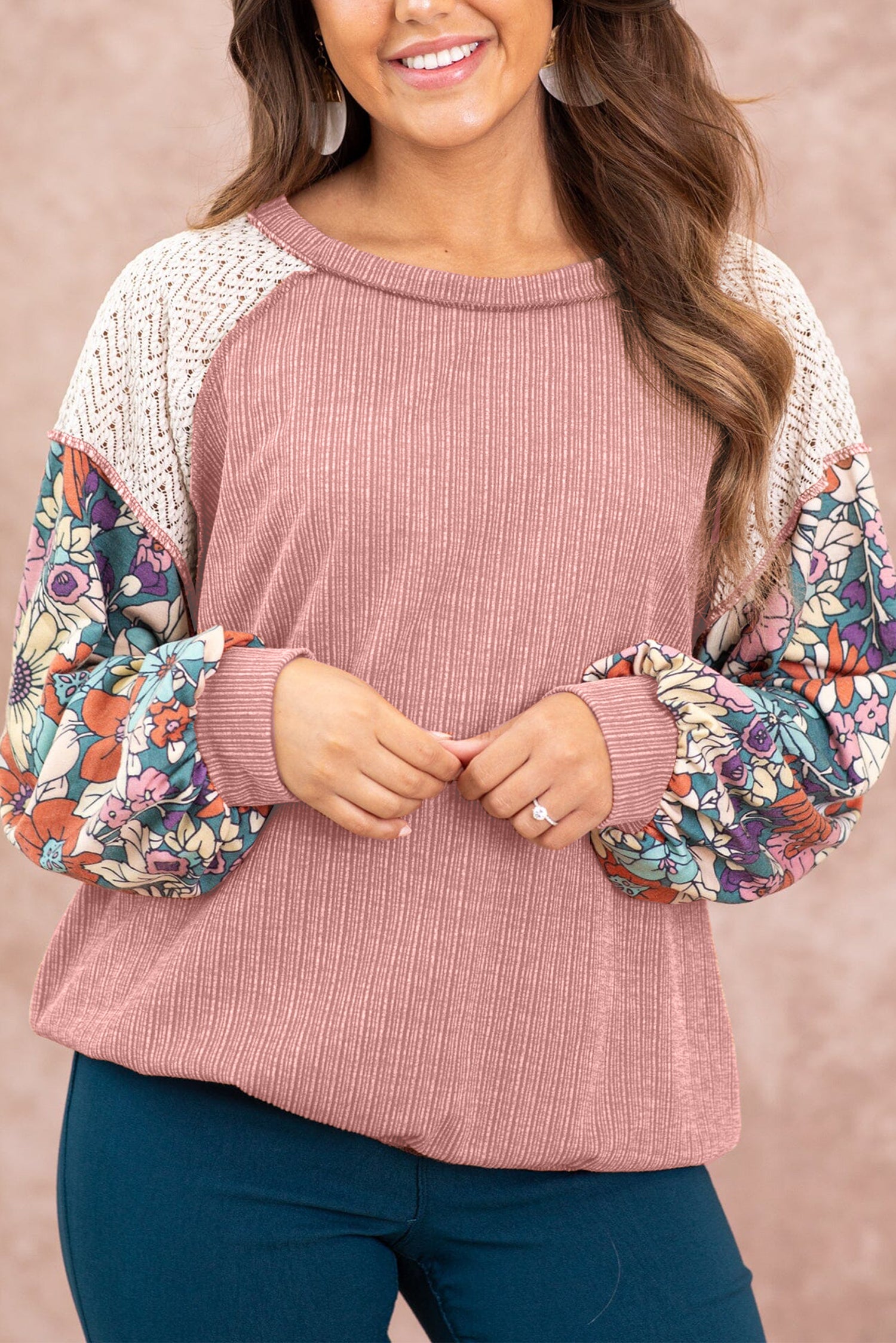 Rose Pink Floral Patchwork Puff Sleeve Textured Blouse