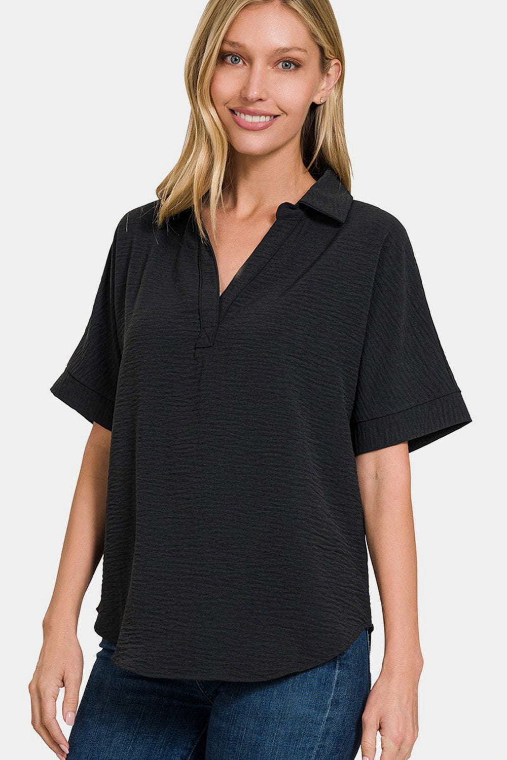 Black Texture Collared Neck Short Sleeve Top