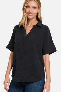 Black Texture Collared Neck Short Sleeve Top