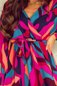 Multicolor Abstract Print Oversized Sleeve Belted Dress
