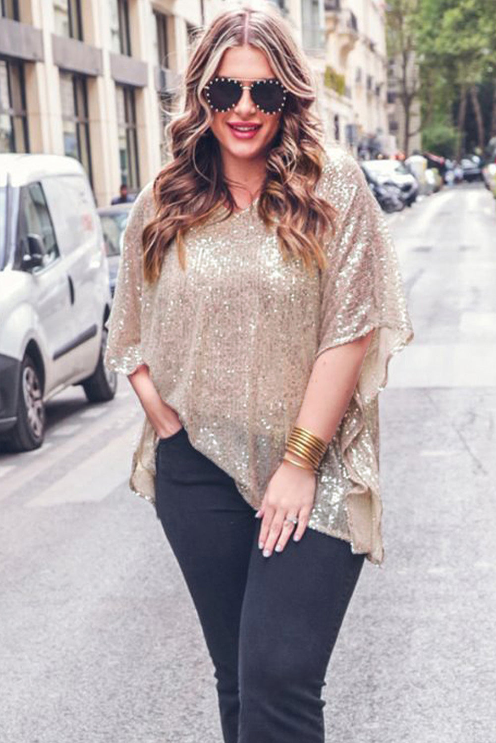 Apricot Sequined V Neck Boxy Top