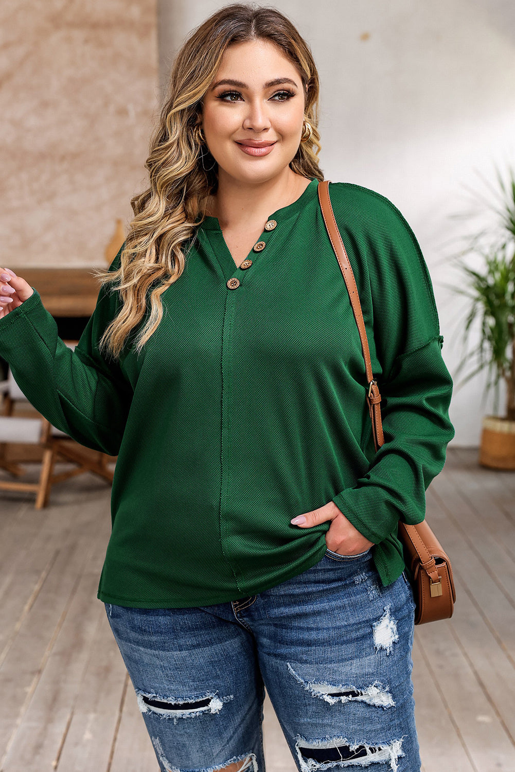 Green Exposed Seam Henley Buttoned Long Sleeve Top