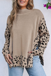Khaki Leopard Patchwork High Neck Sweater
