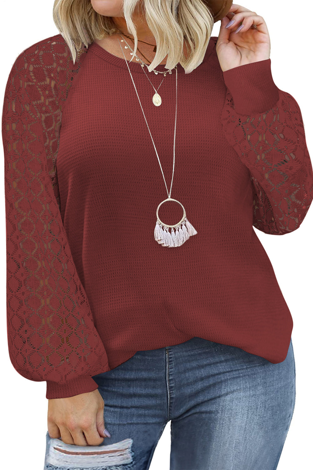 Contrast Lace Sleeve Waffle Knit Top