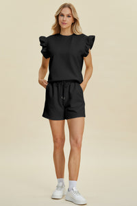 Double Take Texture Round Neck Ruffle Sleeve Top and Shorts Set