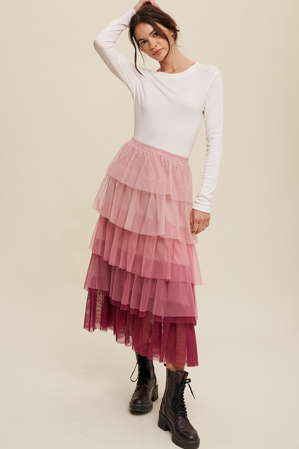 Pink Gradient Ruffle Tiered Mesh Maxi Skirt