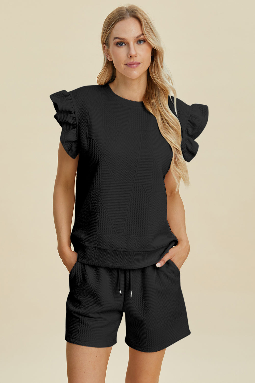 Double Take Texture Round Neck Ruffle Sleeve Top and Shorts Set