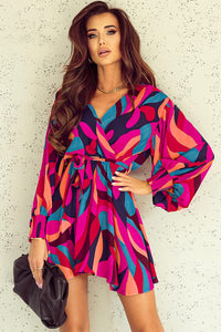 Multicolor Abstract Print Oversized Sleeve Belted Dress