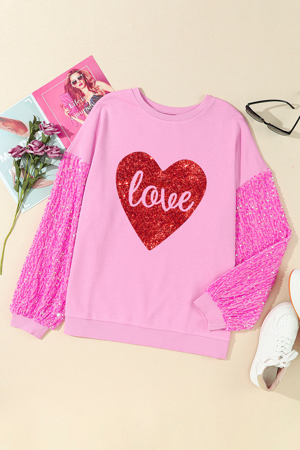 Pink Sequin Patchwork Long Sleeve Pullover Top