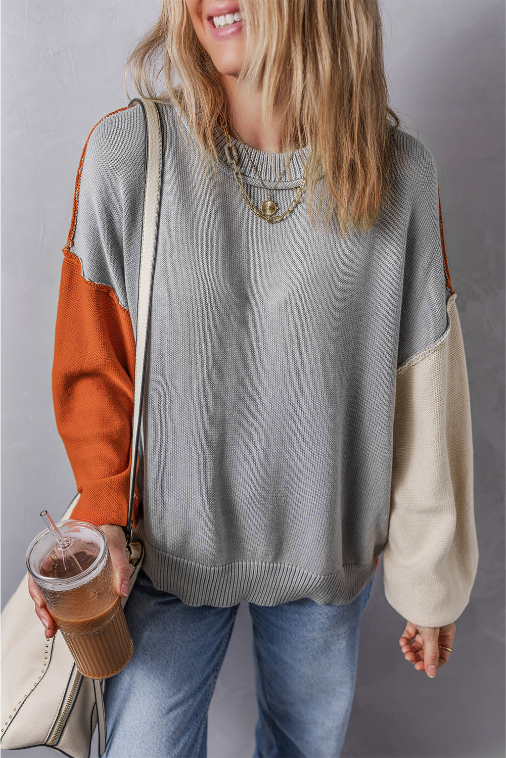 Coffee Leopard Print Colorblock Pullover Sweater