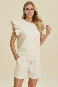 Double Take Texture Round Neck Ruffle Sleeve Top and Shorts Set