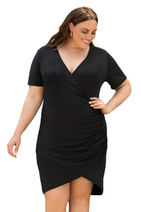 Black Wrap Ruched Short Sleeves  Mini Dress