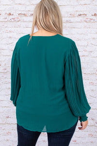 Green Pleated Bubble Sleeve Blouse