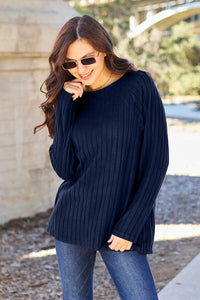 Ribbed Round Neck Long Sleeve Knit Top