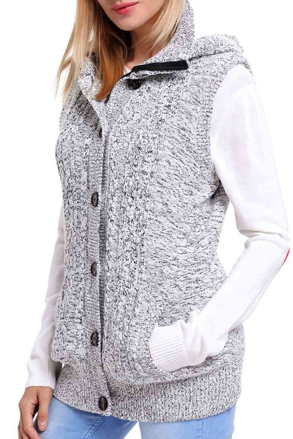 Button and Zip Closure Hooded Sweater Vest