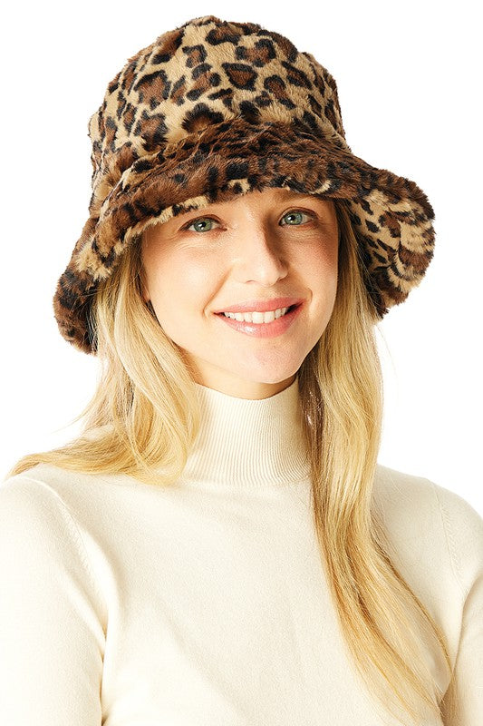Leopard Print Faux Fur Bucket Hat