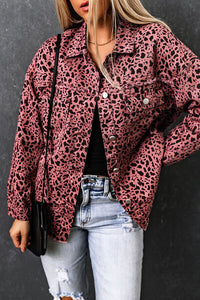 Leopard Raw Hem Button Up Denim Jacket