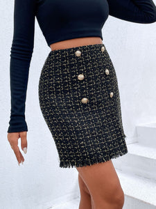 Plaid Double-Breasted Fringe Hem Skirt