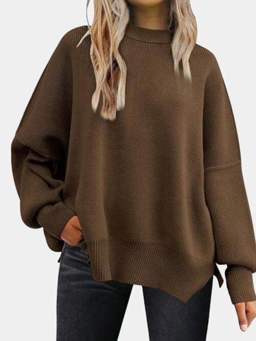 Round Neck Drop Shoulder Slit Sweater