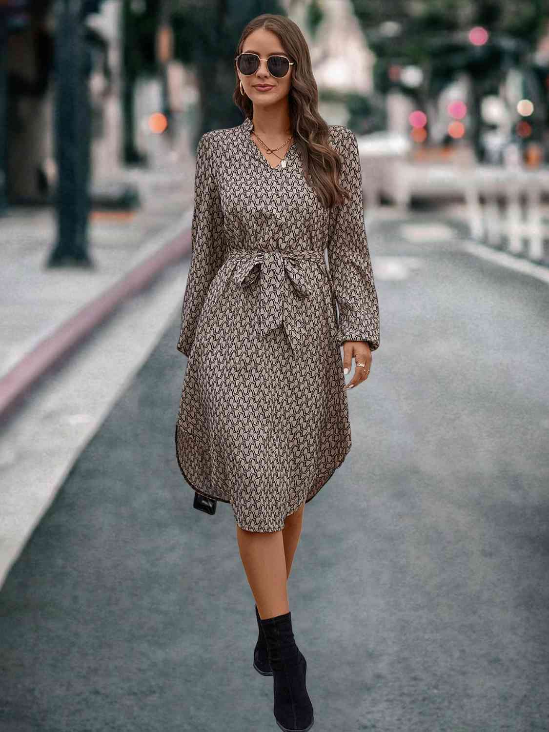 Printed Notched Tie Front Long Sleeve Dress
