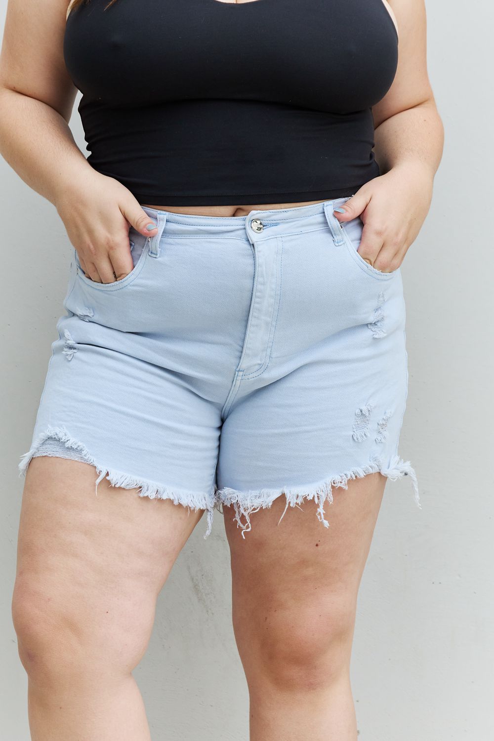 Kacie High Waisted Distressed Shorts in Ice Blue