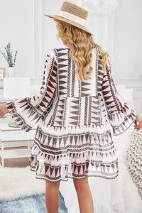 Notched Neck Flare Sleeve Tiered Dress