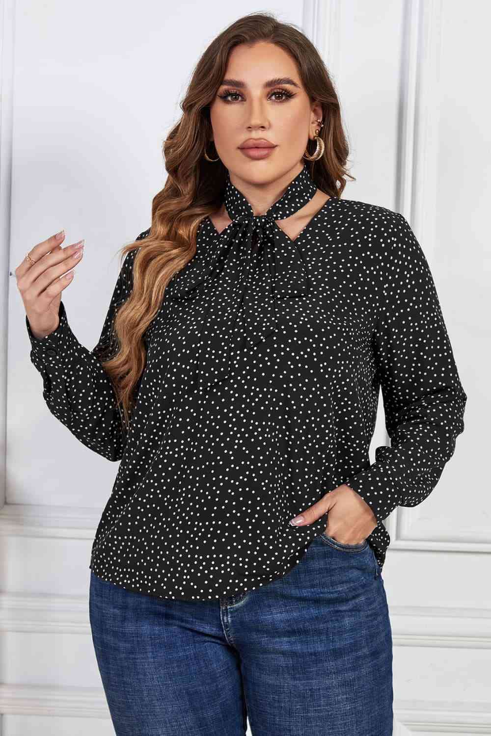 Melo Printed Tie Neck Long Sleeve Blouse