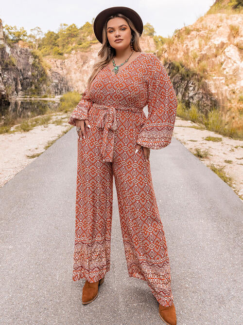 Printed V-Neck Tie Front Balloon Sleeve Jumpsuit