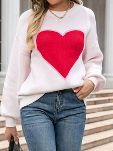 Heart Round Neck Long Sleeve Sweater